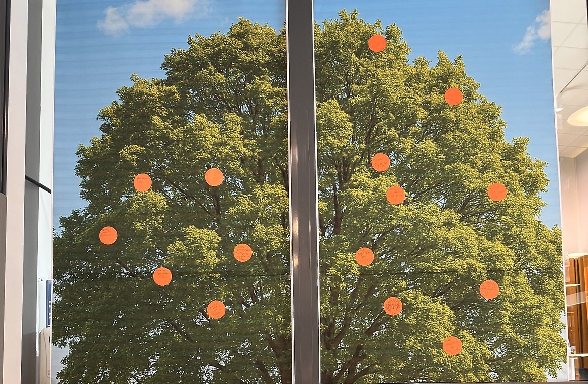 Plakat som viser et tre med oransje klistrelapper på som forstiller appelsiner